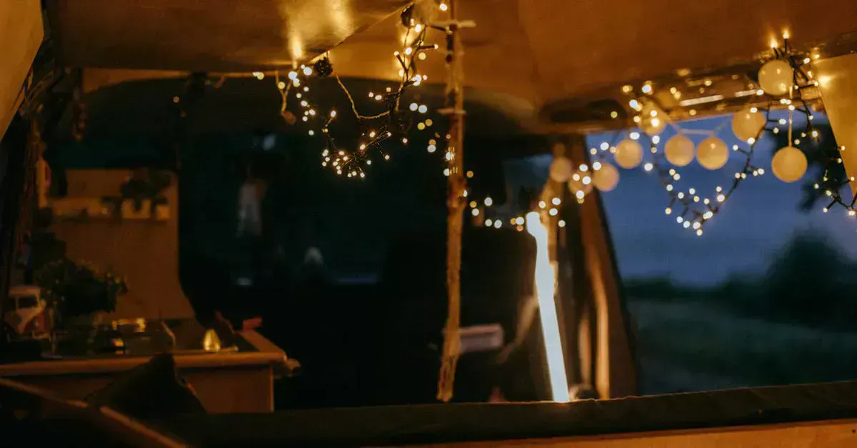 Warm campervan interior lit by an off-grid solar electrical system