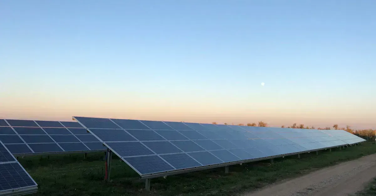 Solar panels in a field at dusk providing off-grid backup power
