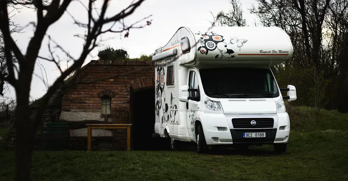 Camper RV parked in a remote rural setting running on solar power