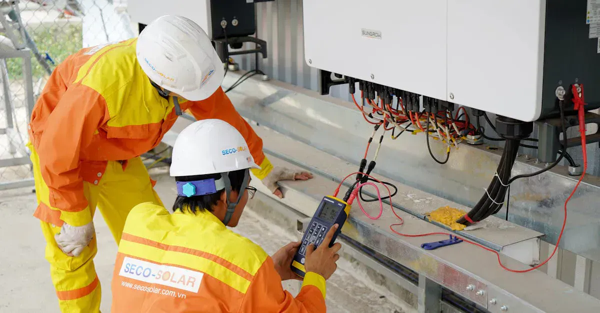 Engineers installing solar power electronics